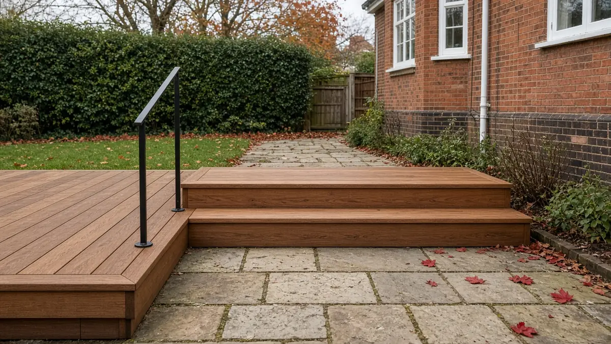 Example image: two hardwood steps from a deck onto a York stone path with a slim metal handrail