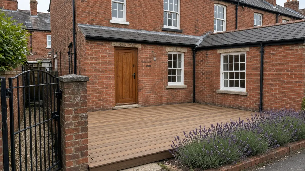 Example image: warm-brown woodgrain composite deck below sash windows of a Victorian terrace