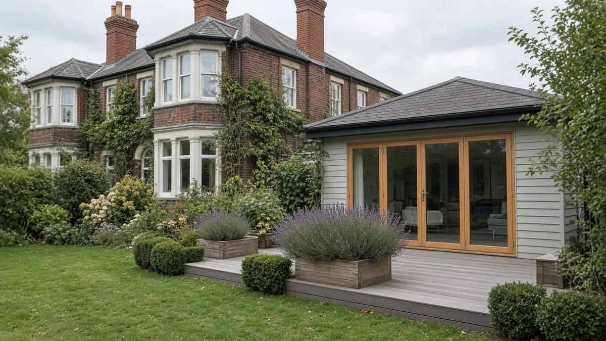 Example image: grey composite deck with planters behind an Edwardian semi in Fulford
