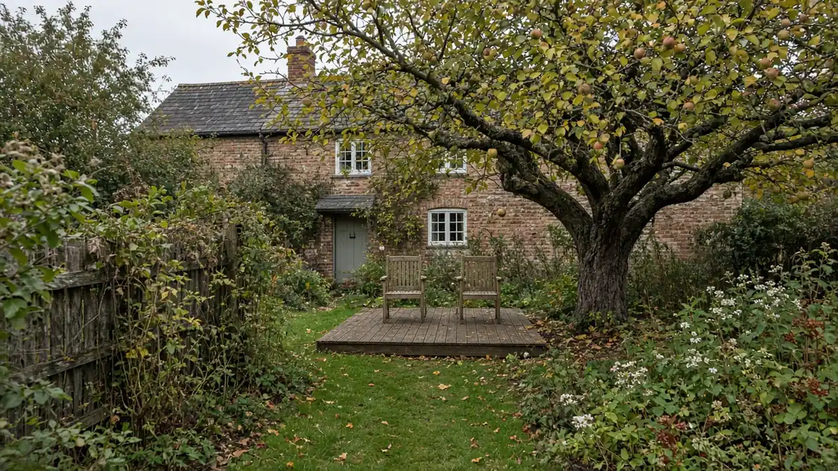 Example image: small deck under an apple tree in a village garden near York