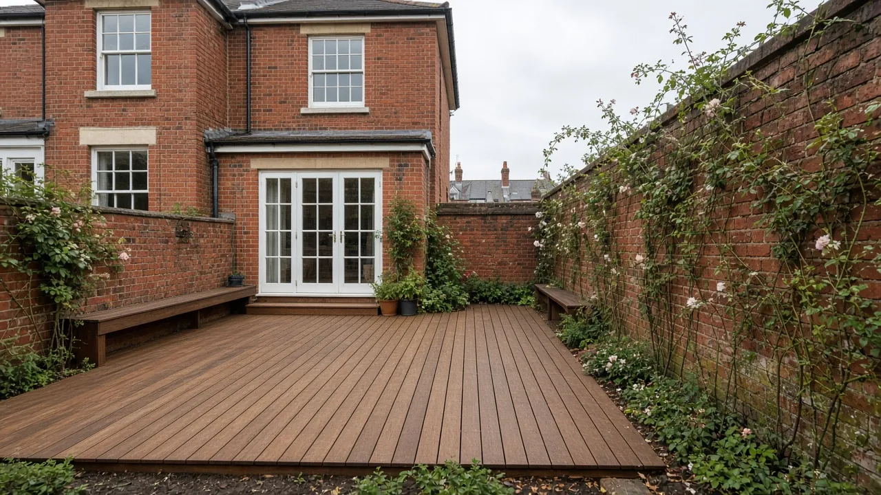 Example image: hardwood deck in a narrow walled garden behind a Victorian terrace