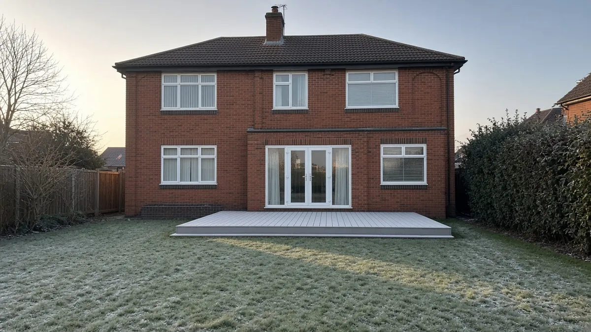 Example image: low light-grey composite deck sitting one step below French doors on a frosty morning