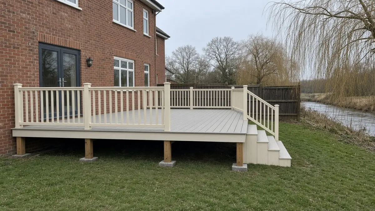 Example image: raised deck on posts in a garden near the River Foss with a painted timber balustrade