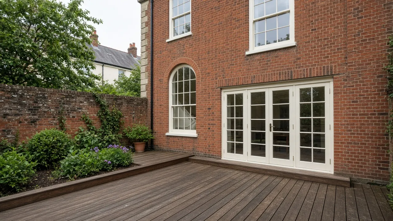 Example image: oiled hardwood deck outside a Georgian brick townhouse