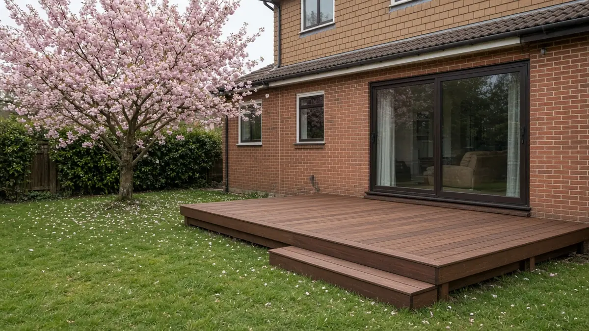 Example image: low chestnut-stained softwood deck behind a 1970s semi with spring blossom