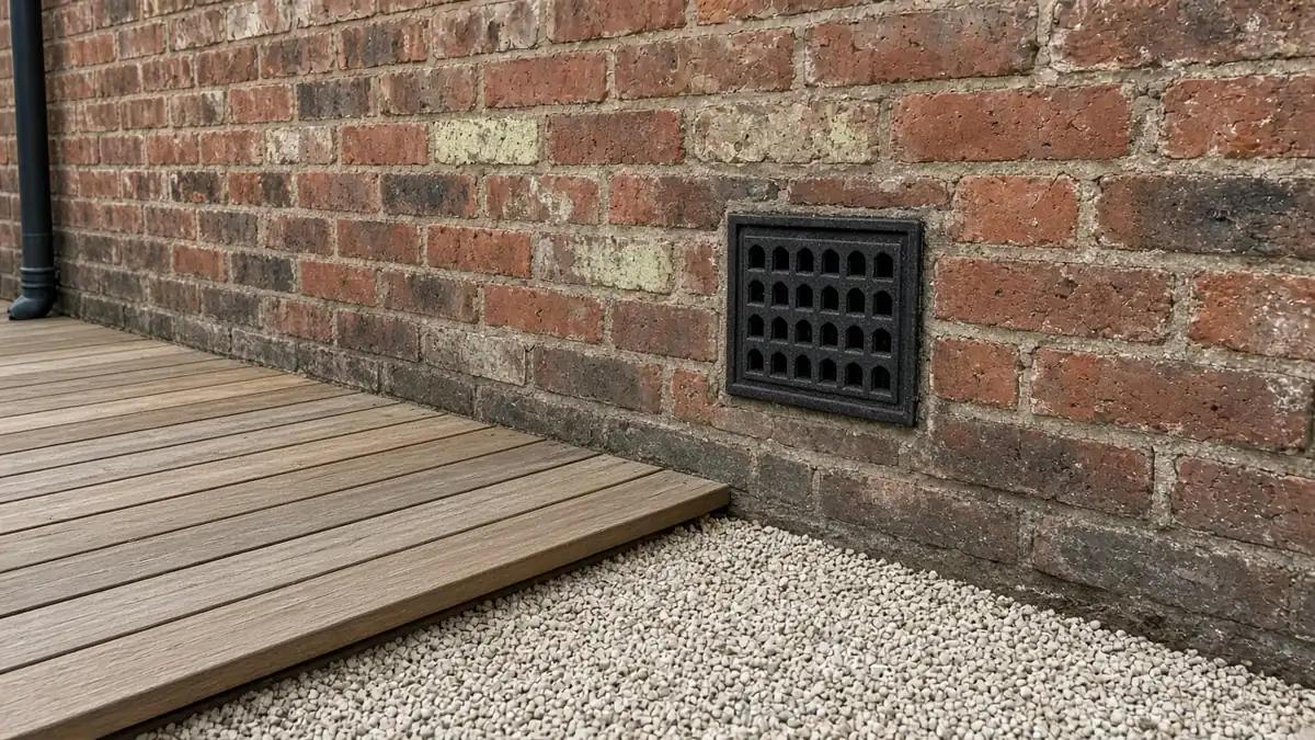 Example image: gravel strip between a deck and an old brick wall