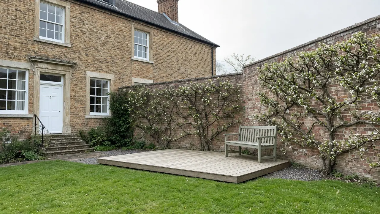 Example image: low hardwood deck in a walled garden of a listed Georgian house